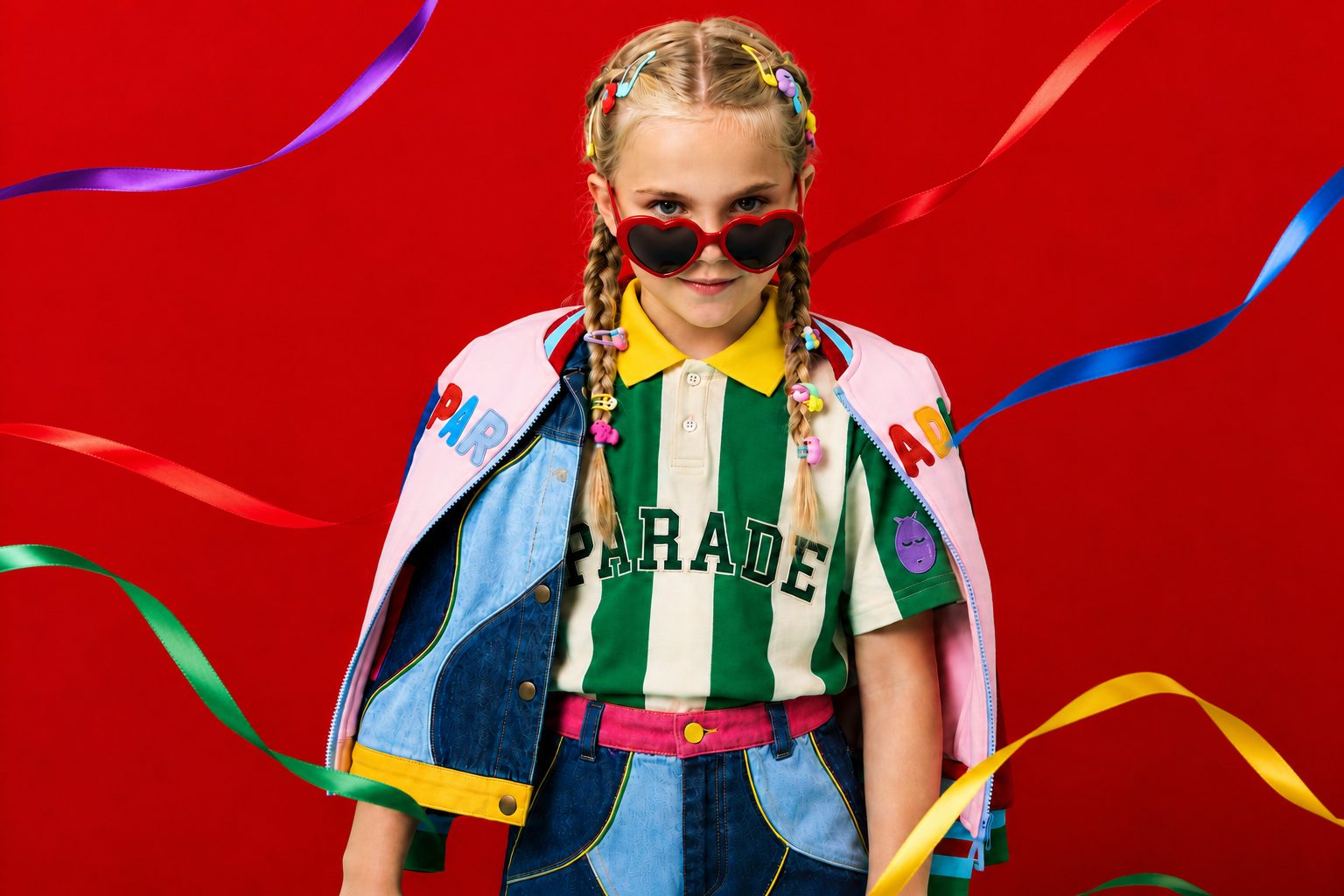 Child with sunglasses and ribbons on a red background